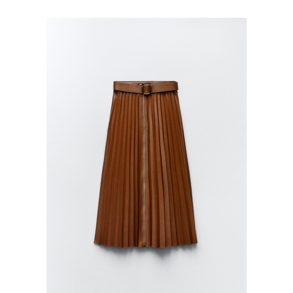 BELTED FAUX LEATHER PLEATED MIDI SKIRT- ZARA - Picture 2 of 7